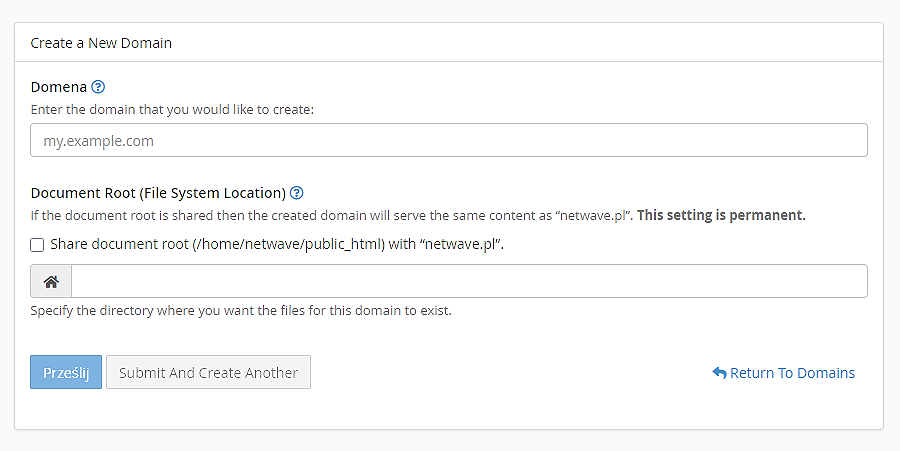 cPanel - domena dodatkowa